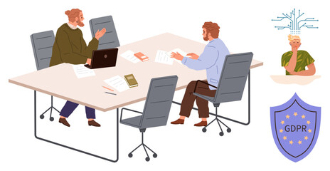 Fototapeta na wymiar Two professionals at a table reviewing documents, AI concept with a human-thumbs up figure, and GDPR shield. Ideal for teamwork, AI implications, legal compliance, data protection, ethics, privacy