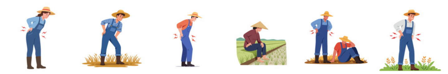 Cartoon Illustration Set of Tired Farmer with Back Pain Agriculture Concept