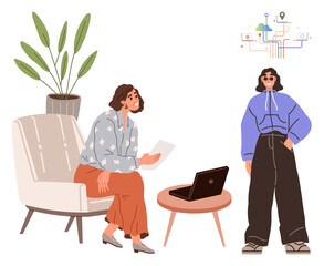 Woman seated holding a document while another stands near a potted plant and digital network icons nearby. Ideal for brainstorming, collaboration, innovation, creative solutions, teamwork