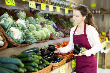 Young woman seller in apron puts fresh eggplants on display at vegetable market