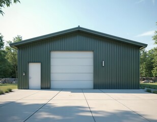 Modern green metal building features large white roll-up garage door, separate side entry door. Wide concrete driveway sits in front. Green grass, trees, clear blue sky surround new industrial