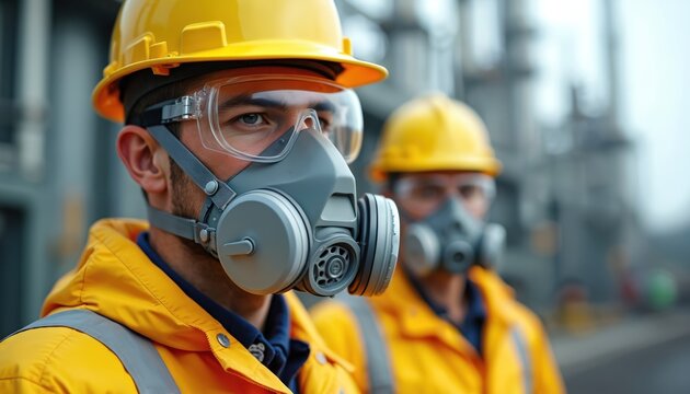 Two men in yellow jackets and helmets wear respirators and goggles. They stand in an industrial area. Safety gear is essential for hazardous work environments. Protecting workers is.