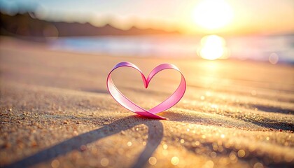 Pink Ribbon Heart Shape on Sandy Beach During Golden Hour Sunset with Sparkling Water and Soft Light