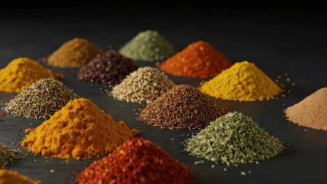 Variety of spices displayed on dark surface