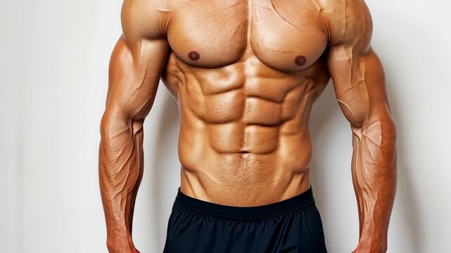 Bodybuilder's Physique: A close-up view of a muscular bodybuilder showcasing a finely sculpted torso, highlighting strength, fitness, and dedication.