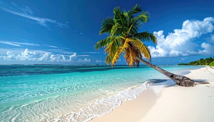 Serene Tropical Beach Shoreline at Sunset With Two Palm Trees Leaning Over Pastel Colored Ocean Water and White Sandy Beach in Paradise