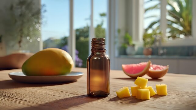 Amber glass essential oil bottle with fresh mango cubes on wooden table, grapefruit slices and whole mango in bright kitchen setting. - Powered by Adobe