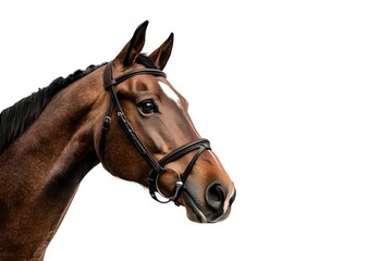 Obraz premium Bay horse with bridle isolated on white background, head portrait showing detailed features and leather tack for equestrian sports and riding.