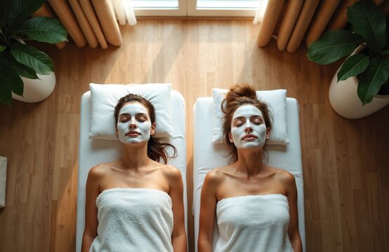 Two women relax with face masks in tranquil spa setting. Lie side by side on massage beds, enjoying peaceful beauty treatment. Wrapped in white towels, receive pampering care for radiant skin. Eyes