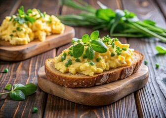 Scrambled egg on toasted bread with fresh herbs