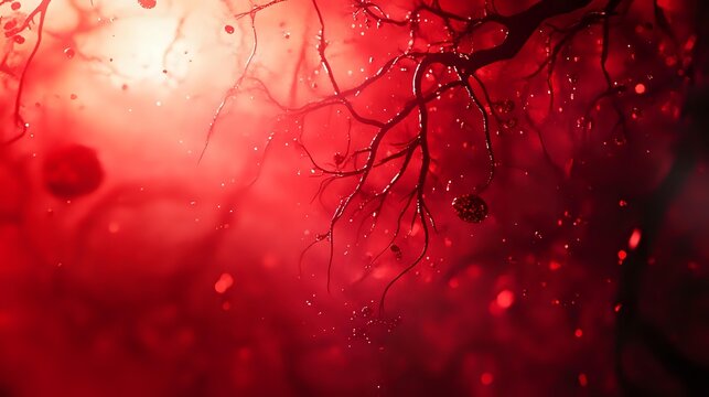 Abstract red background with branching structures resembling blood vessels or neural networks, illuminated by glowing particles creating a dramatic medical or scientific atmosphere.