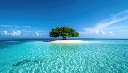 Single Green Tree Growing on Small Sandy Island in Crystal Clear Turquoise Ocean Under Bright Blue Sky