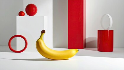 Single Yellow Banana Centered on White Surface with Red Geometric Shapes and Spheres in Studio Lighting