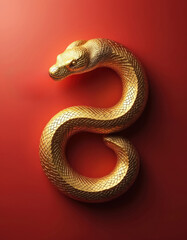 Obraz premium Golden snake figure curves on red background. Symmetrical composition evokes Chinese zodiac theme. Elegant, minimalist design suitable for celebratory or luxury concepts. Luxurious metallic texture.