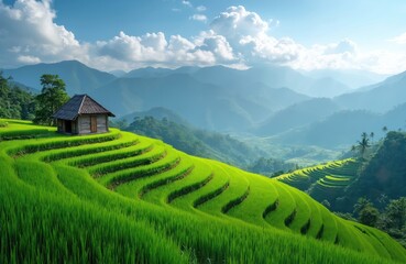 Obraz premium Vast green rice fields cascade down Asian mountainside. Tiny wooden hut rests on terraced paddy fields under blue sky with clouds. Majestic serene landscape offers peaceful countryside retreat.