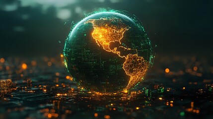 Digital holographic globe showing illuminated North and South America with glowing network connections against dark cityscape background.