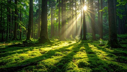 Sunlight Streams Through Lush Green Forest Canopy Creating Dramatic Light Rays on Mossy Ground Below at Sunrise