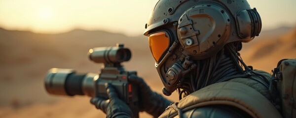 Cyborg soldier in tactical combat gear holds advanced sci-fi weapon. Stands vigilant, observing vast desert landscape under hazy sunset sky. Futuristic military tech warrior performs critical