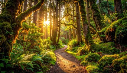 Sunlight Streams Through Lush Green Moss Covered Forest Trees Onto a Winding Dirt Path