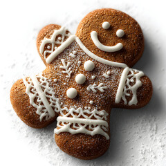 Smiling gingerbread man cookie decorated with white icing, isolated on a white background. Perfect for holiday and Christmas themes. isolated PNG transparent background.