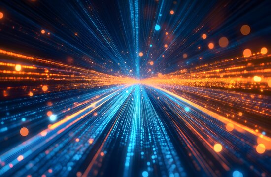 Abstract blue and orange light rays forming dynamic motion background.