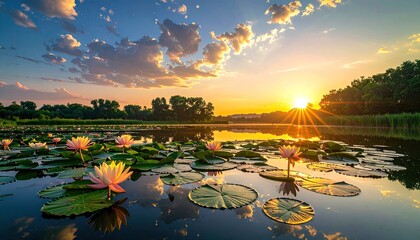 Tranquil Lake at Sunrise with Water Lilies and Golden Sunbeams Creating a Serene Atmosphere