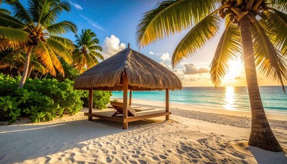 Tropical Beach Hut With Palm Trees And Ocean Sunset During Golden Hour With Sun Flare Over The Water