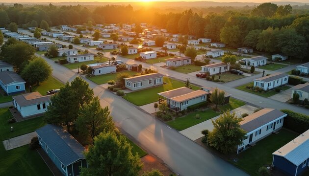 Aerial view of mobile home park at beautiful sunset. Trailer houses line quiet streets in residential neighborhood. Manufactured housing community provides affordable living solution in suburban