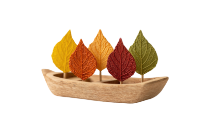 Autumn leaves in wood boat; isolated