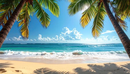 Tropical beach paradise with palm trees framing clear turquoise ocean waves under a bright sunny blue sky with fluffy white clouds and sparkling sunlight on the wet sand.