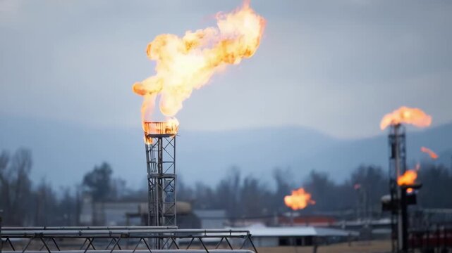 Close medium shot of gas flare system burning off excess methane at regional landfill illustrating emission control practices.