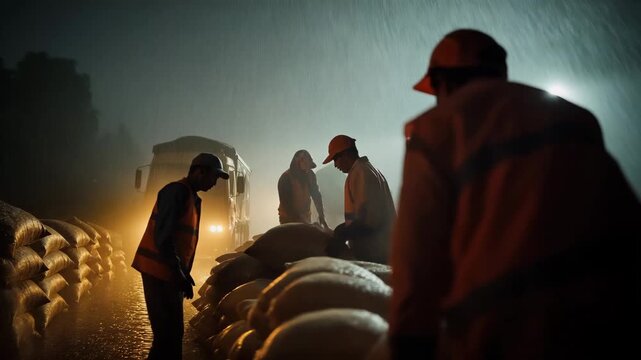 Loading Relief Supplies in Pouring Rain