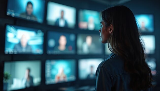 Woman watches many screens showing different people in video calls. Digital content streams on multiple displays. Online communication and network data flow.