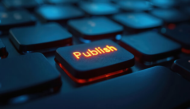 Modern computer keyboard bright orange Publish button, clearly visible, highlighted for user attention. Tech button glows on dark blue, ready for online content creation, blog updates, digital media