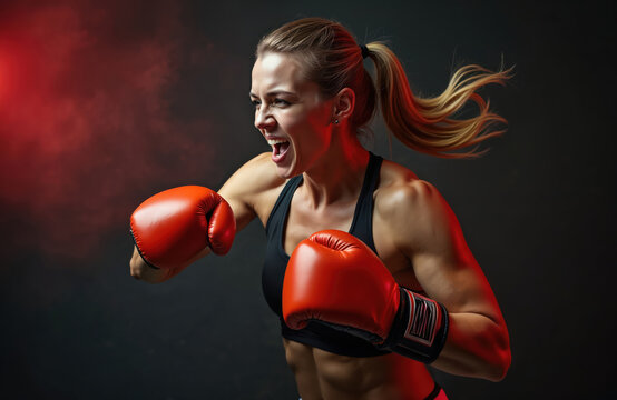 Strong woman boxer throws powerful punch during intense training session. Female fighter screams with determination, aggressive energy. Athlete wears red boxing gloves, black sports bra, showing