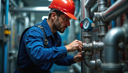 Pro worker in red hard hat carefully inspects complex pipe system. Bearded man adjusts vital valve on heavy metal pipes with pressure gauge. Engineer performs essential maintenance on factory