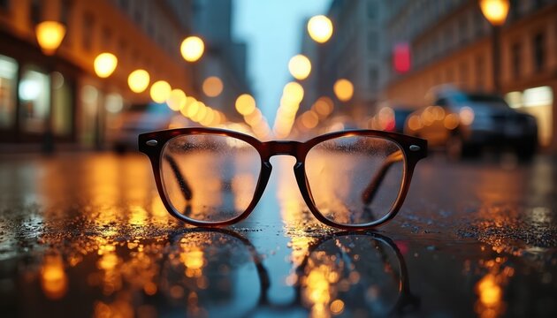 Eyeglasses rest on wet city street at night. Lights from buildings and cars blur in background bokeh. Reflective surface shows urban scene. Nighttime street view.