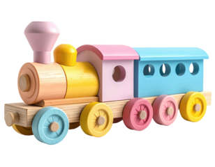 Pastel wooden toy train engine and carriages
