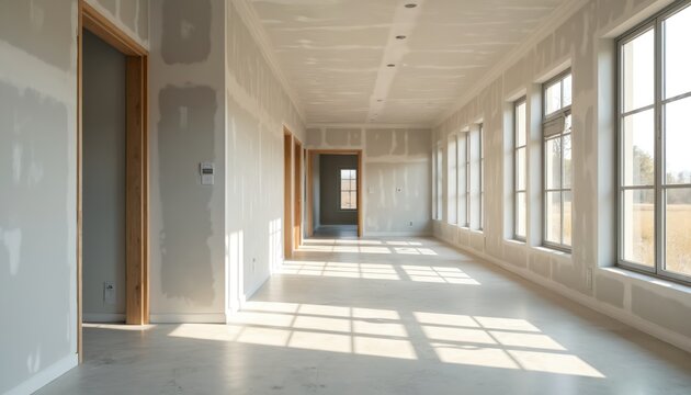 New residential building interior under construction. Drywall walls taped, mudded, ready for paint. Long empty corridor features wooden door frames, large windows. Bright sunlight streams onto floor,