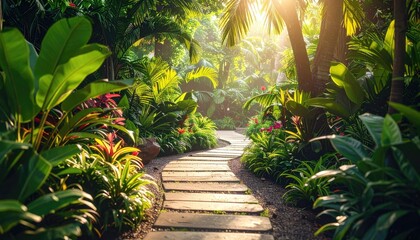Tropical Garden Pathway Bathed in Golden Sunlight with Lush Greenery and Vibrant Pink Flowers