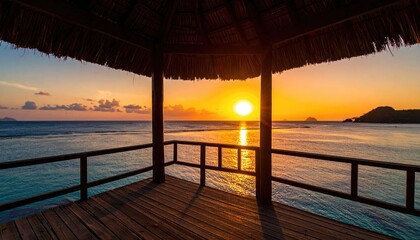 Tropical Gazebo Overlooking Ocean Sunset With Warm Golden Sunlight Reflecting On Blue Water And Distant Island Silhouette