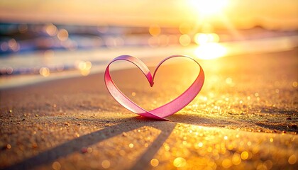 Pink Ribbon Heart Shape on Sandy Beach During Golden Hour Sunset with Ocean Reflections and Sparkling Bokeh Lights