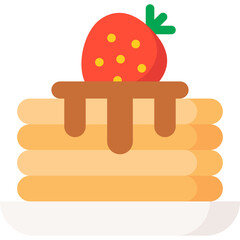 Stack Of Golden Pancakes With A Chocolate Drizzle Topped With A Fresh Red Strawberry And Green Leaves On A White Plate And Transparent Background