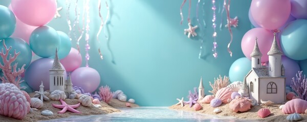 Whimsical mermaid themed party backdrop with pastel balloons seashells, castle decor. Sandy beach with ocean water reflections creates magical underwater ambiance. Perfect for kids birthday