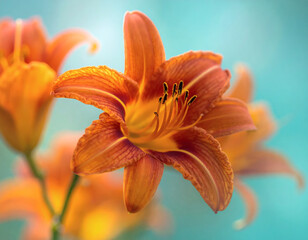 Artistic tiger lily on a soft blue floral background with blurred flowers. Aethereal beautiful blossom for greeting card, romantic, digital design, beauty theme, summer, or nature-inspired projects.