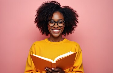Smiling young African American woman holds open book, wearing glasses, bright yellow sweater. Student reader looks at camera with happy, positive expression. Image represents learning, education,