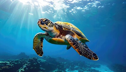Sea Turtle Swimming Underwater With Sun Rays Shining Through The Blue Ocean Water And Coral Reef Below