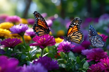 Obraz premium Vibrant butterflies flutter among colorful flowers in a serene garden setting