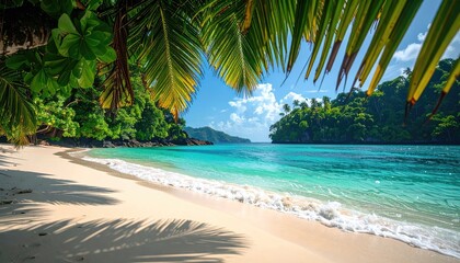 Tropical Beach Paradise Scene with Lush Green Palm Trees Overlooking Crystal Clear Turquoise Ocean Waters Under a Bright Sunny Sky with Gentle Waves Washing Ashore on White Sand