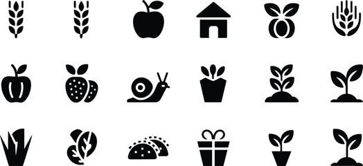 agriculture, food, nature, icons, wheat, apple, strawberry, plant, house, snail, taco, gift, leaf, greens, garden, illustration, vector, design, symbol, community © Bappi Creatives